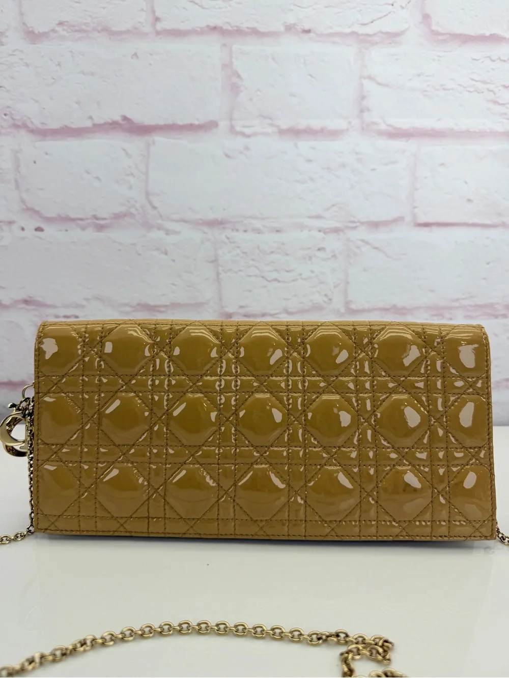 Christian Dior Patent Cannage Lady Dior Convertible Clutch Beige
